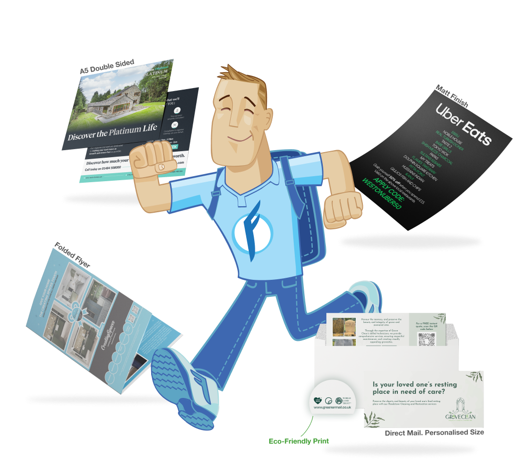 Mr Flyer surrounded by examples of previous client work.